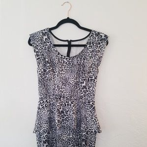 White Leopard Party Mini Cocktail Dress w/ Peplum